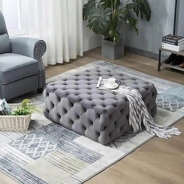 Elegant Dark Grey Velvet Chesterfield Footstool - Squared Design, 90x90cm, Plush Comfort - UK Luxury Furniture